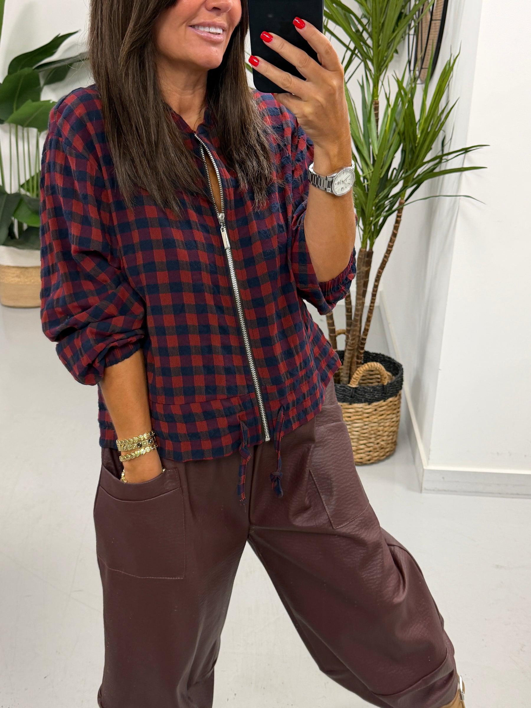 Autumn Check Bomber - Wine/Navy