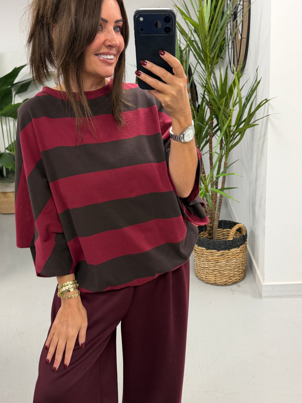 Sunset Stripe Elasticated Hem - Wine/Chocolate  (Size 10-16)