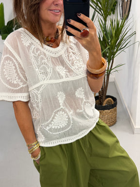 Sequin And Bead Paisley - White