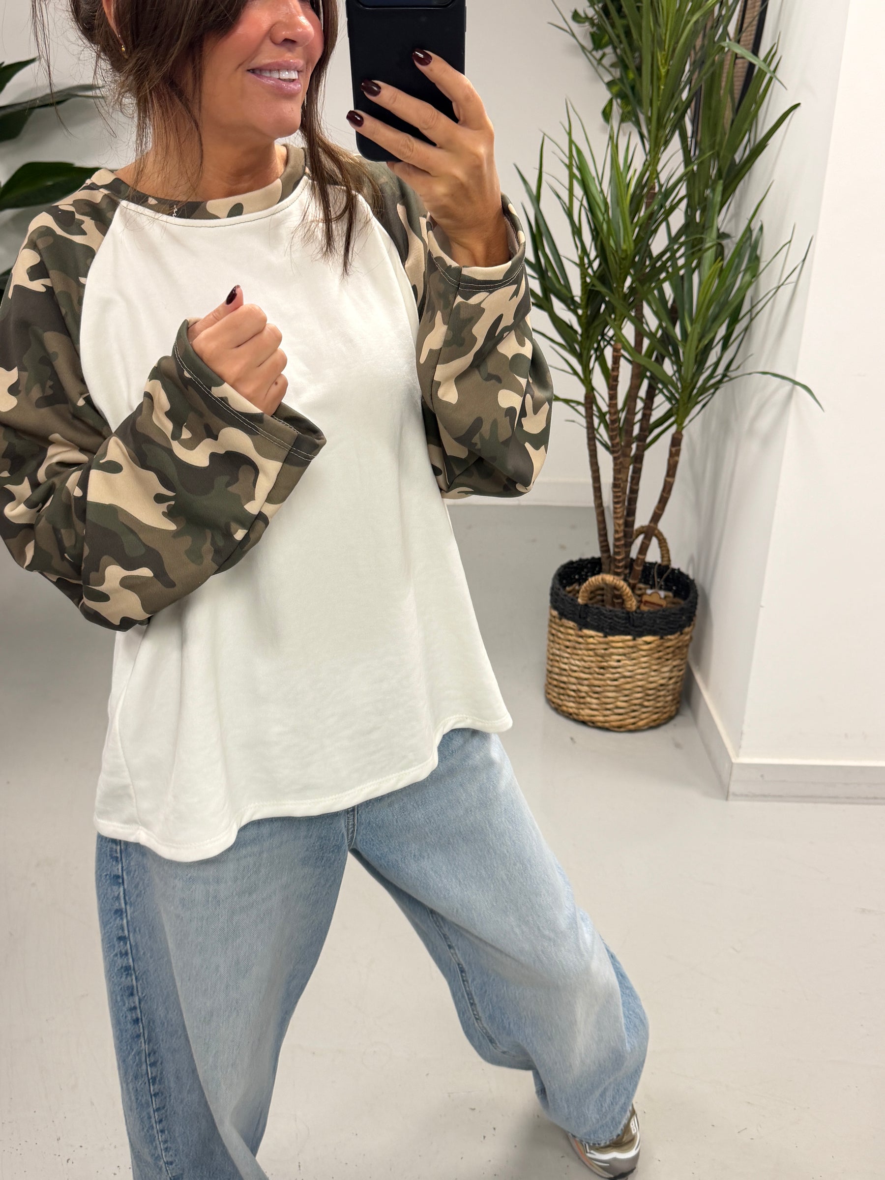 The Conrad Camo Raglan Sweater - White