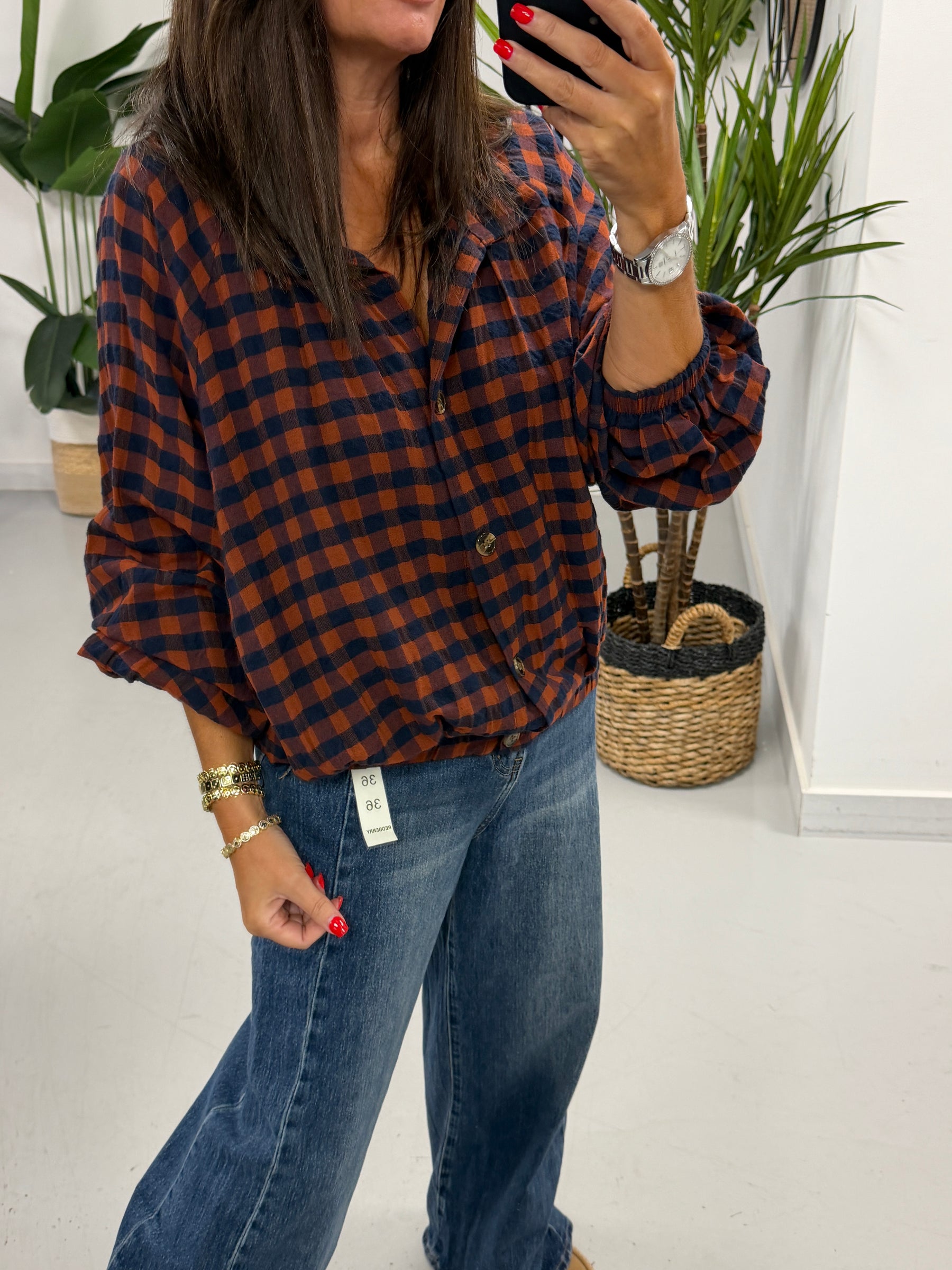 Autumn Check Button Up Bomber - Rust/Navy
