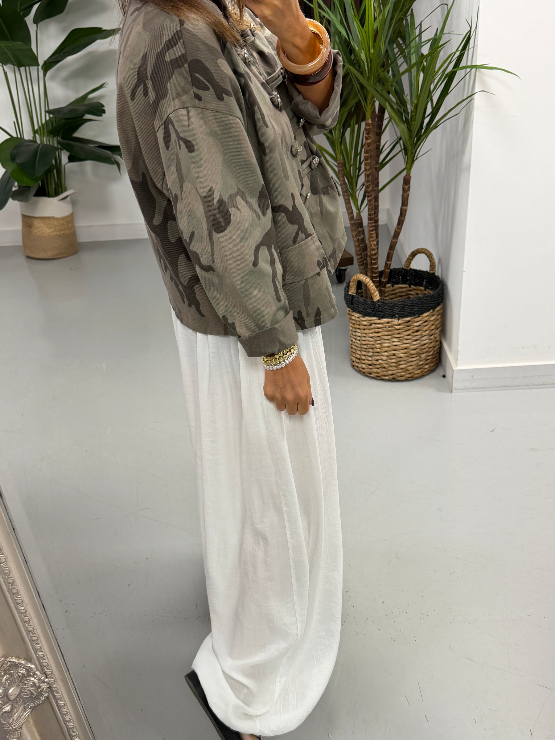 Camo Denim Military Jacket - Light Khaki/Mocha