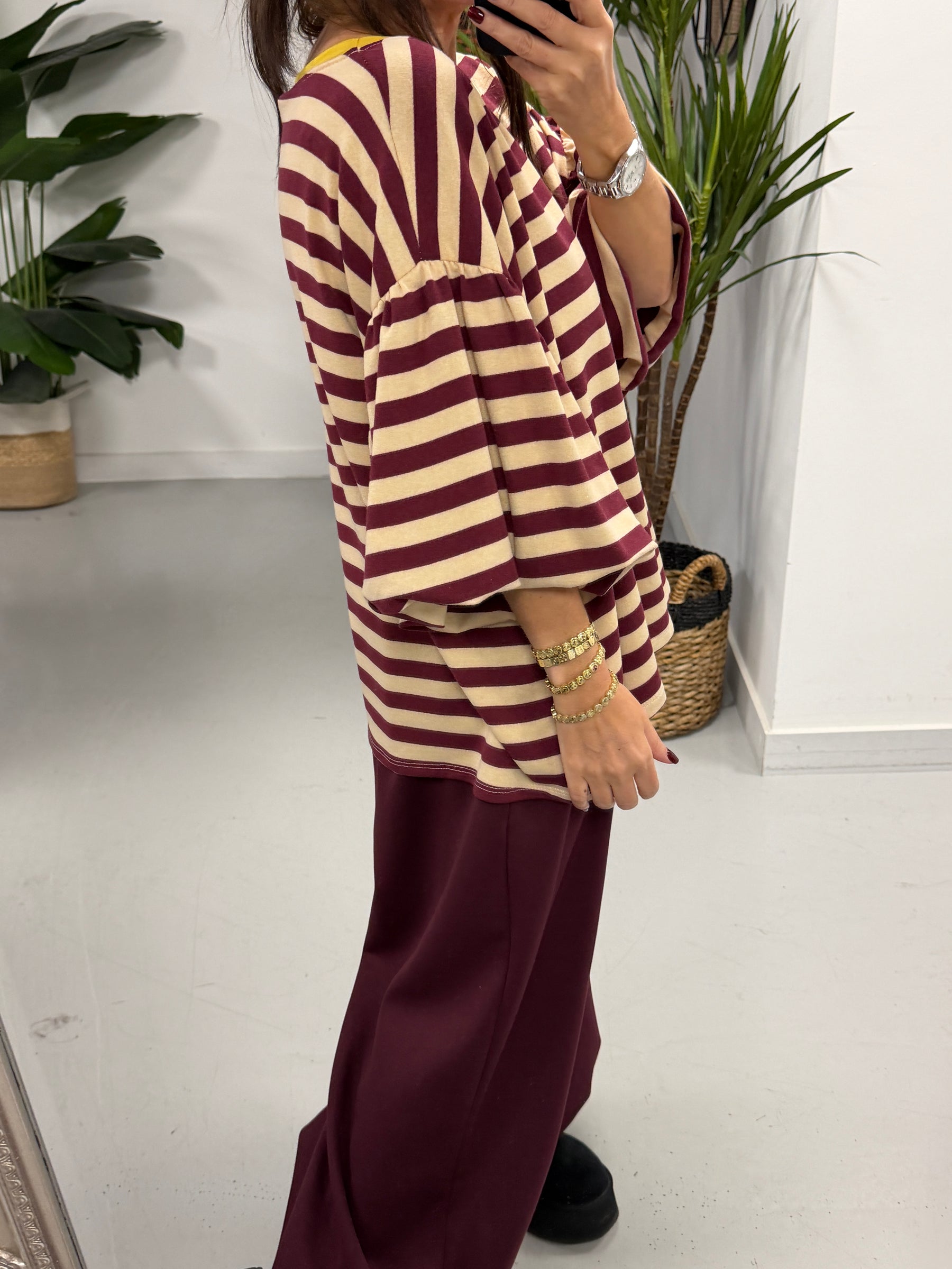 Sunset Stripe Puff Sleeve - Wine (Size 12-18)