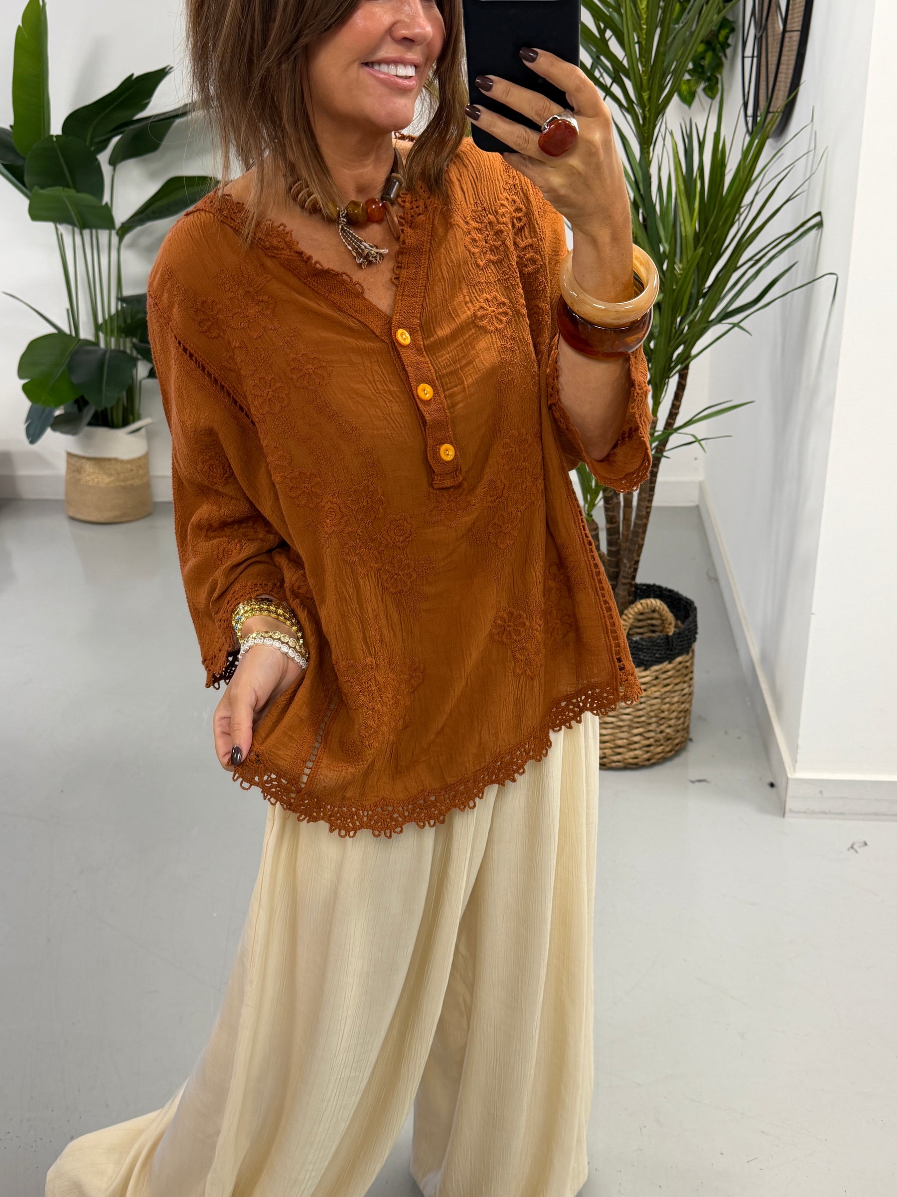 Seville Lace Button Up Top  - Rust