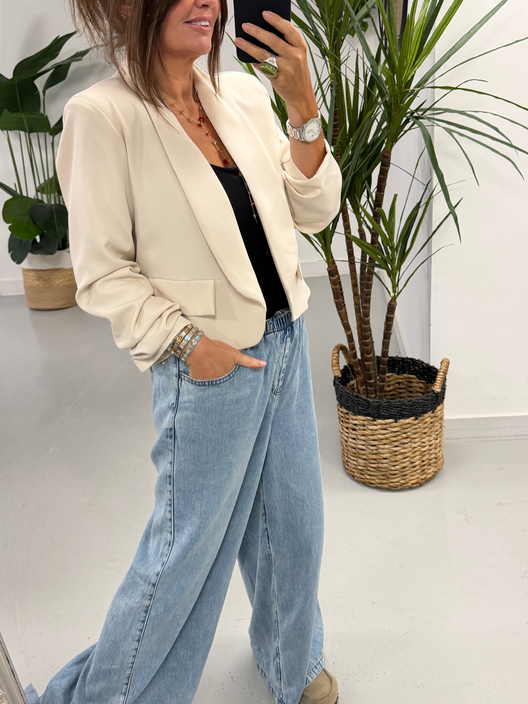 Ruched Sleeve Blazer - Cream