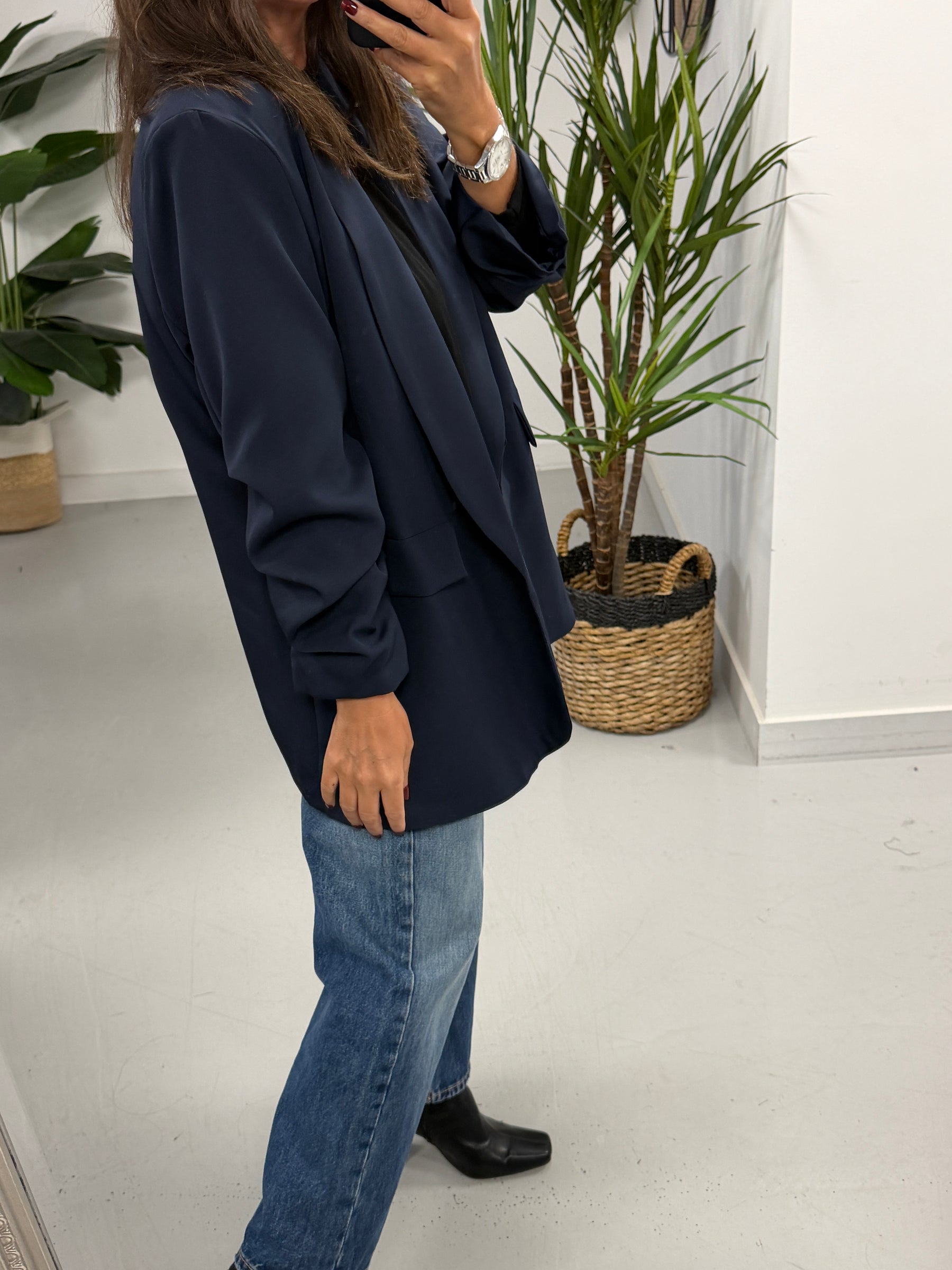 Ruched Sleeve Blazer - Navy (Plus sizes)