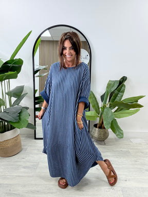 The Cocoon Striped Pocket Dress - Navy