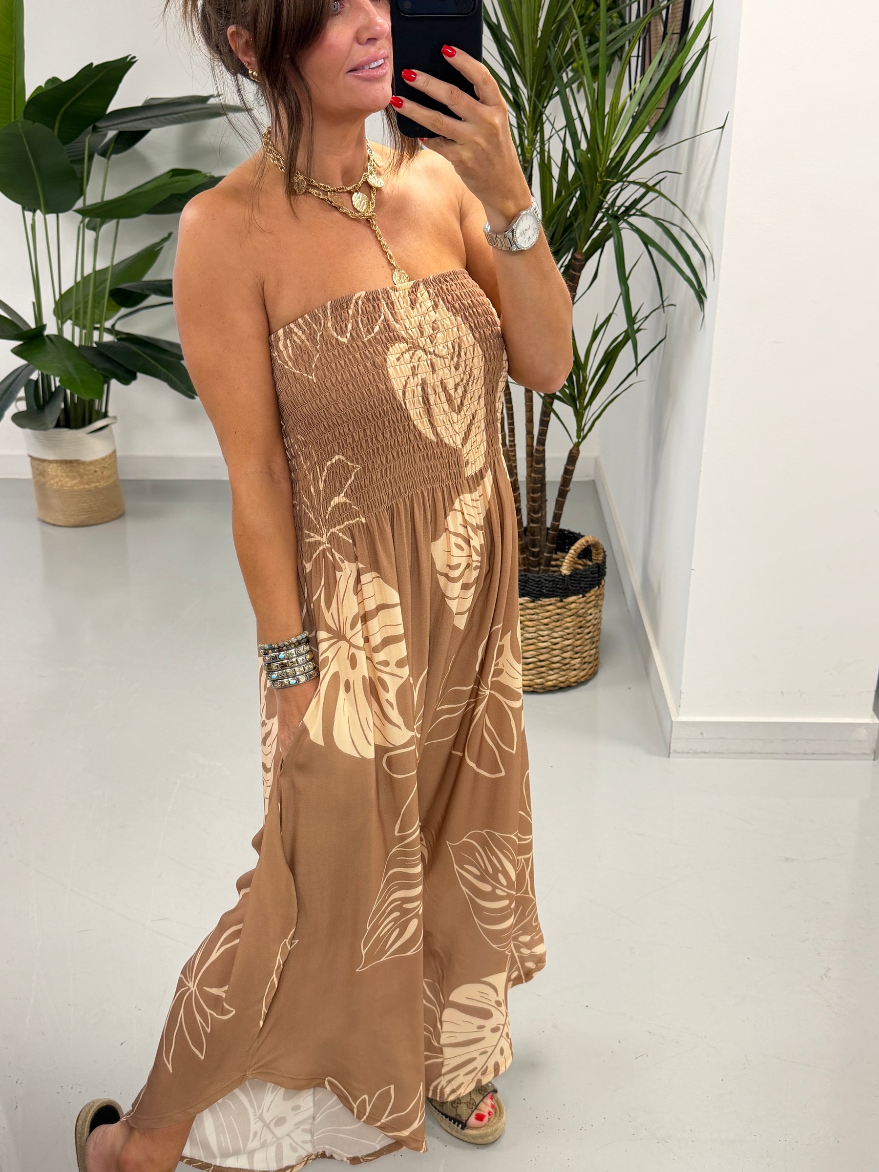 Leaf Bardot Jumpsuit - Coffee/Cream