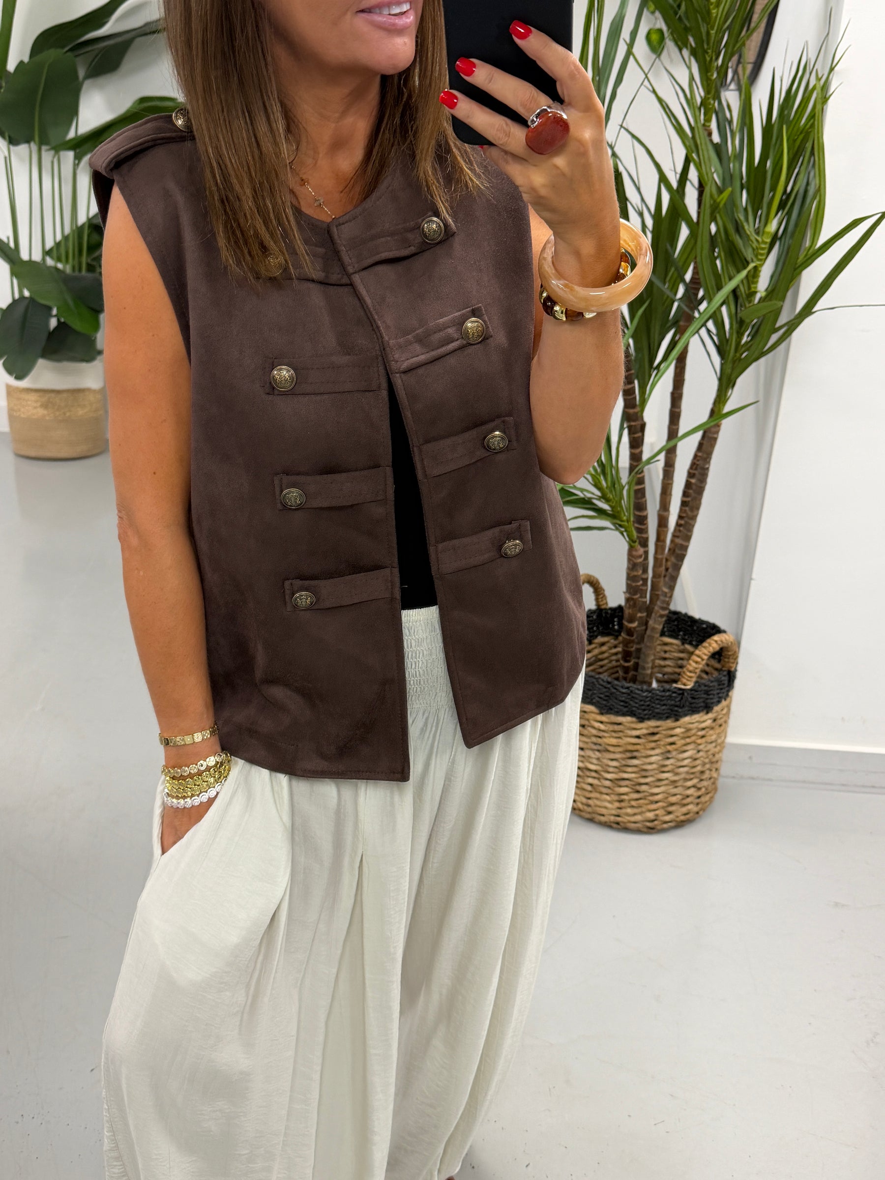 Velour Military Waistcoat - Chocolate