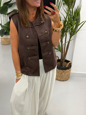Velour Military Waistcoat - Chocolate