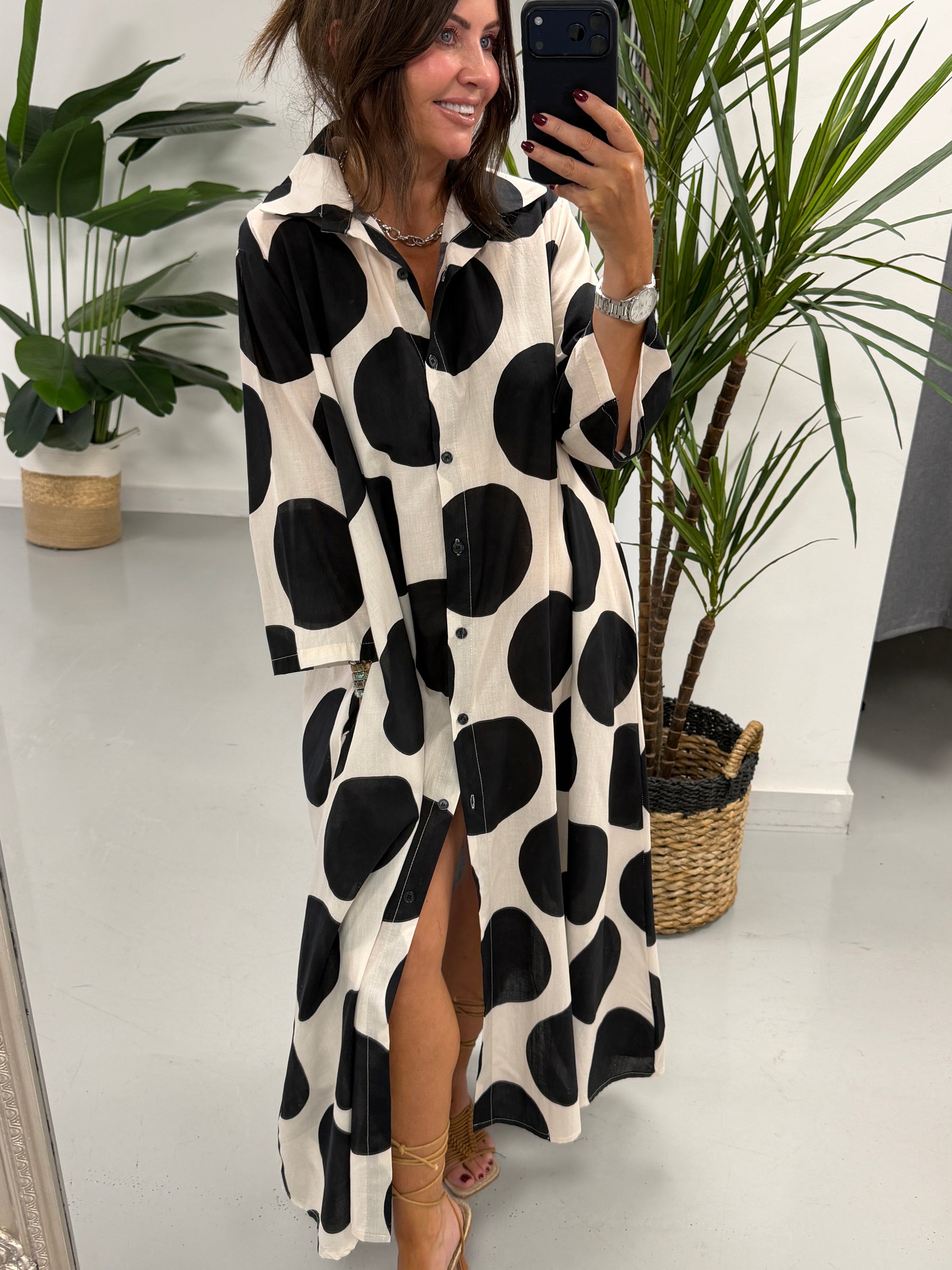 Polka Button Shirt Dress - Black / Cream