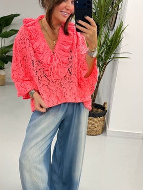 The Lace Ruffle Tie Blouse - Coral