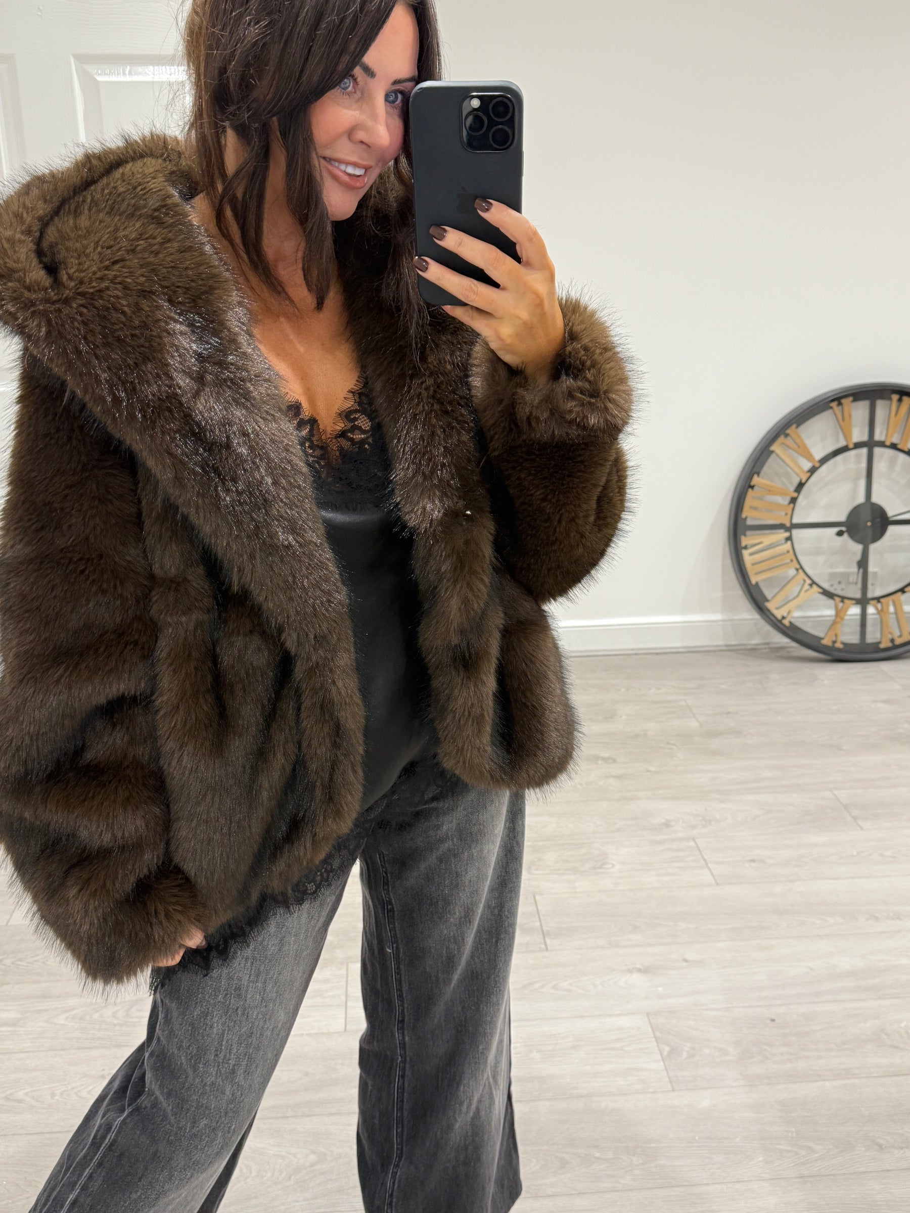 Dark Chocolate Hooded Faux Fur