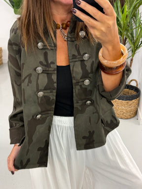 Camo Denim Military Jacket - Dark Khaki