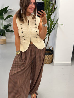 Checked Tie Cuff Trousers - Chocolate