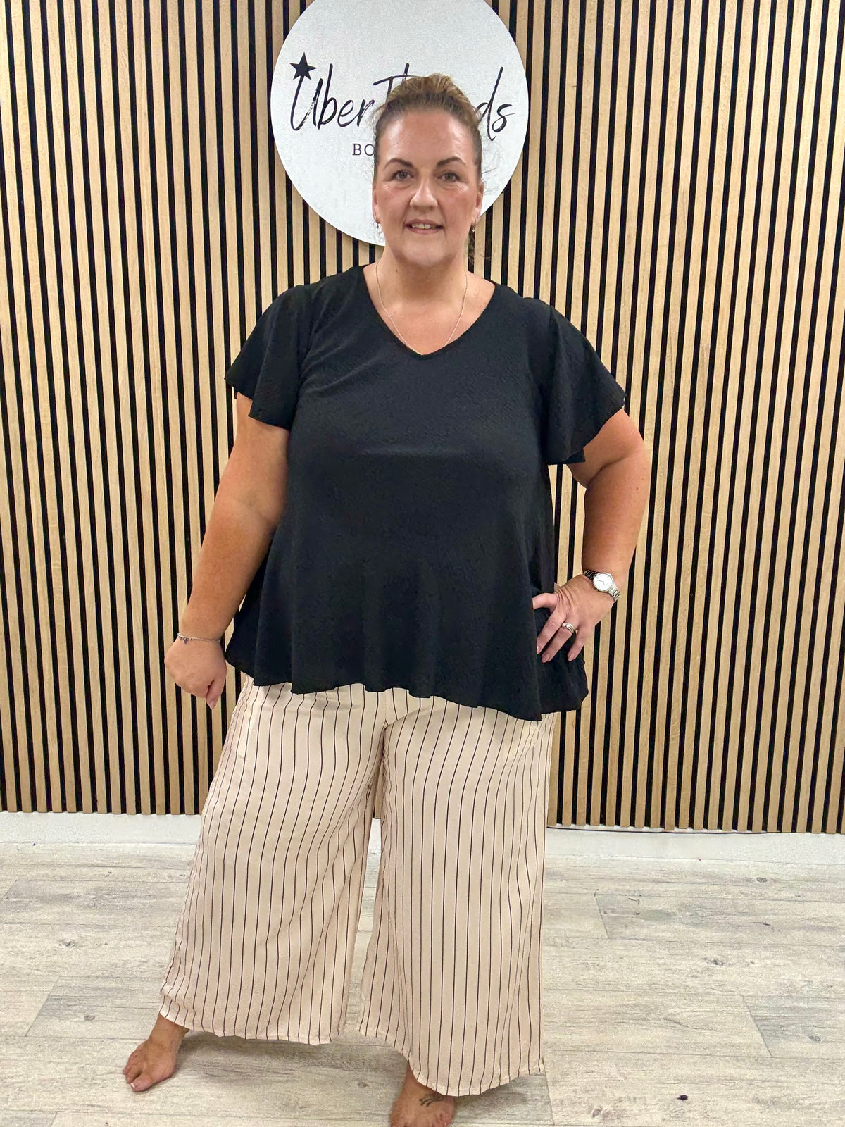 The Pinstripe Palazzo - Cream/Black (Plus)