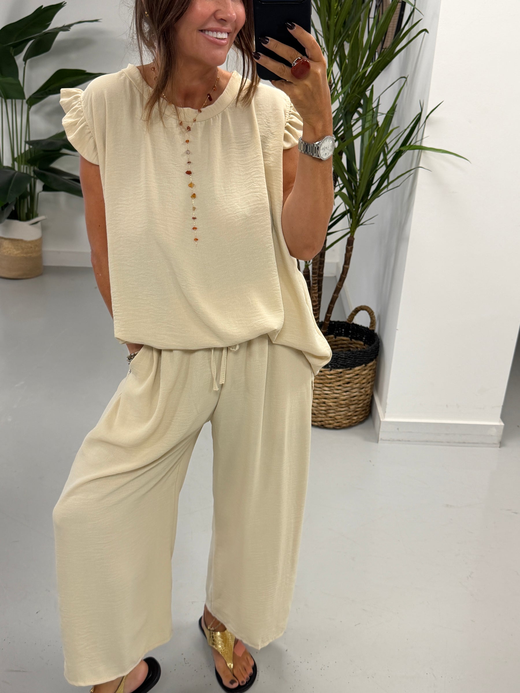 Luna Cropped Frill Two Piece - Cream