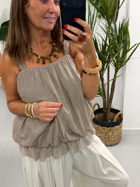 Crinkle Bubble Hem/Lace Cami - Mushroom