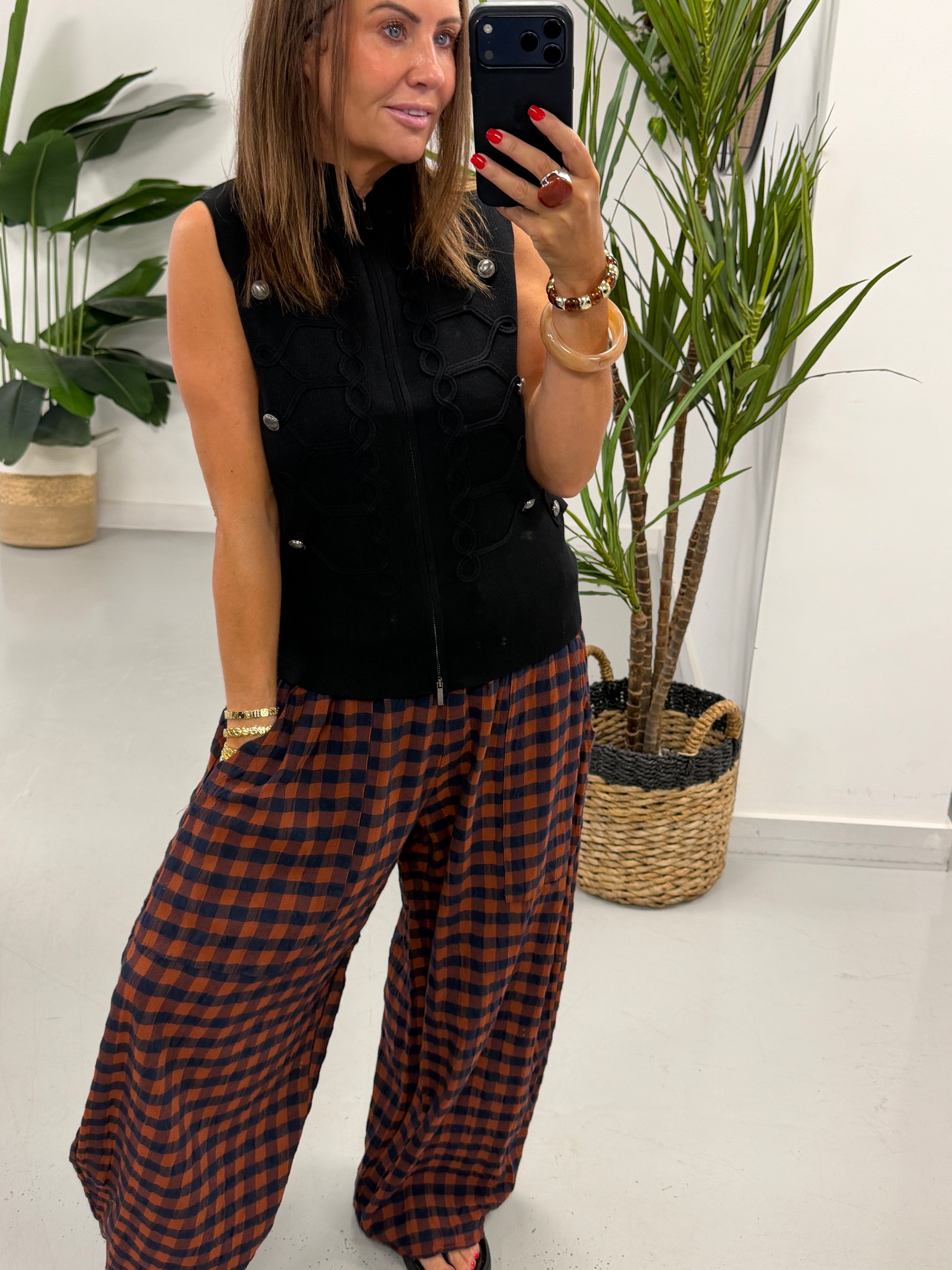 The Autumn Check Baggy Barrel Trousers - Rust/Denim