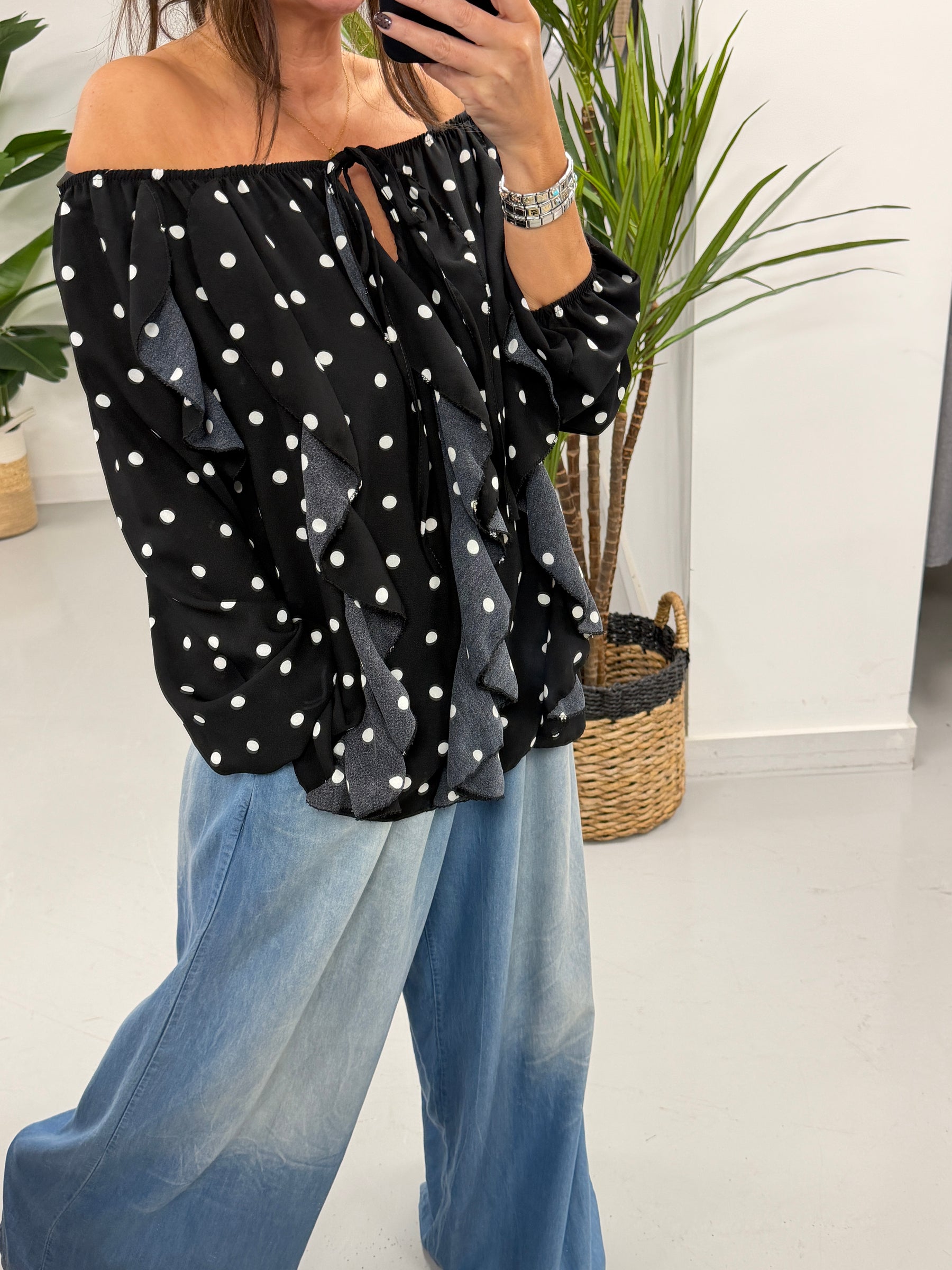 Dotty Waterfall Blouse - Black