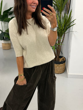 Crop Sleeve Boat Neck Knit - Cream (Size 10 - 16)