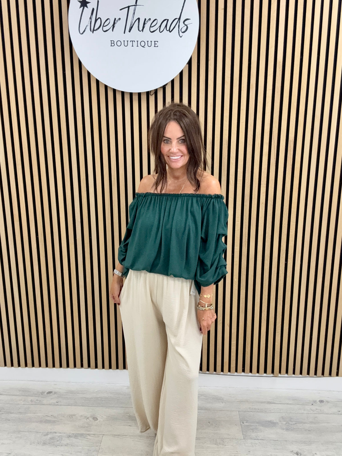 The Soft Knit Palma Puff Sleeve Bardot - Forest Green