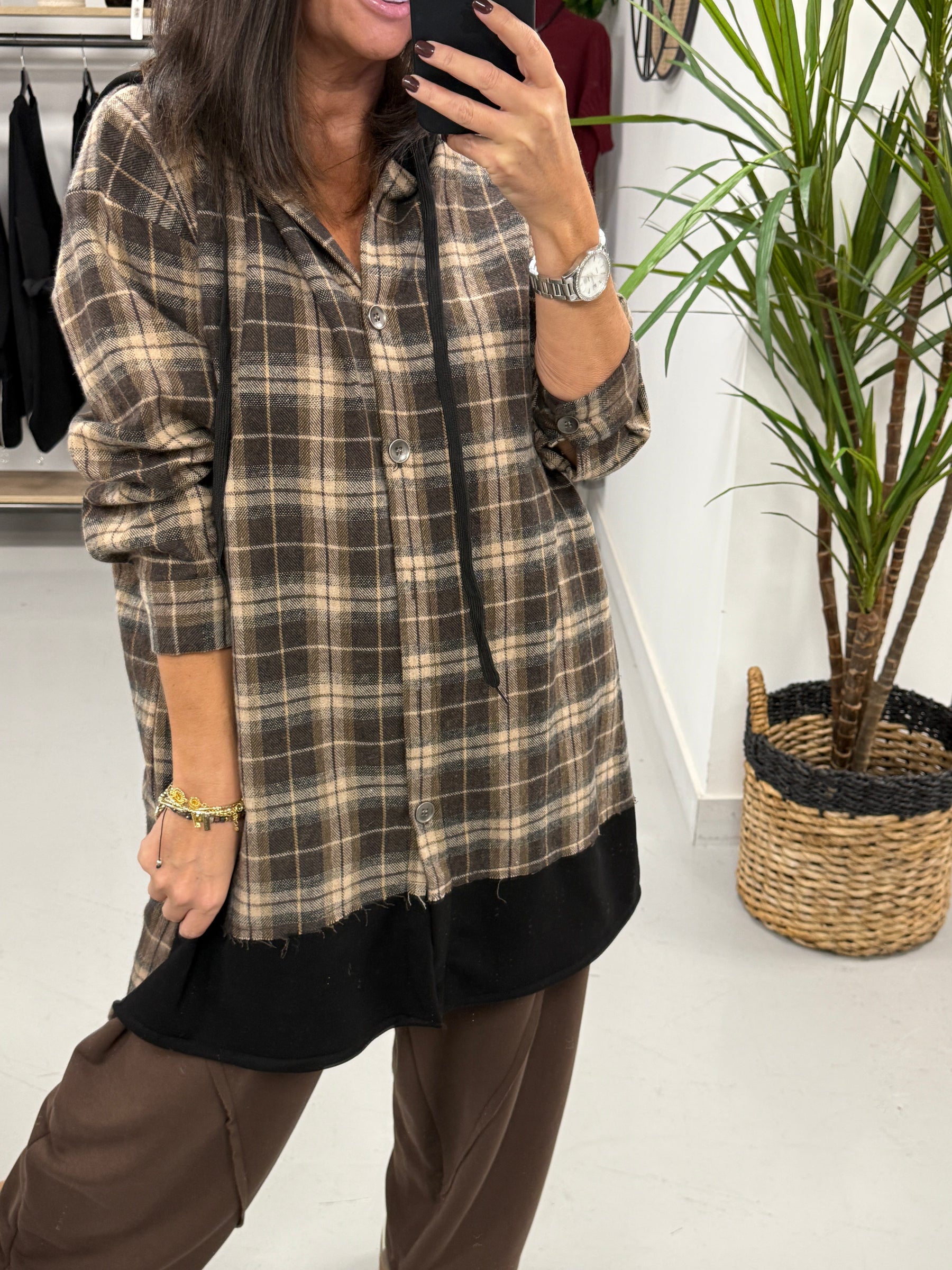 Hooded Check Shacket - Chocolate