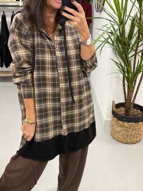 Hooded Check Shacket - Chocolate