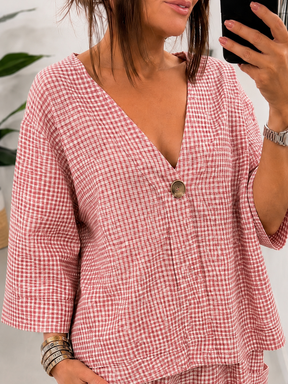 Vichy Gingham Button Jacket - Raspberry
