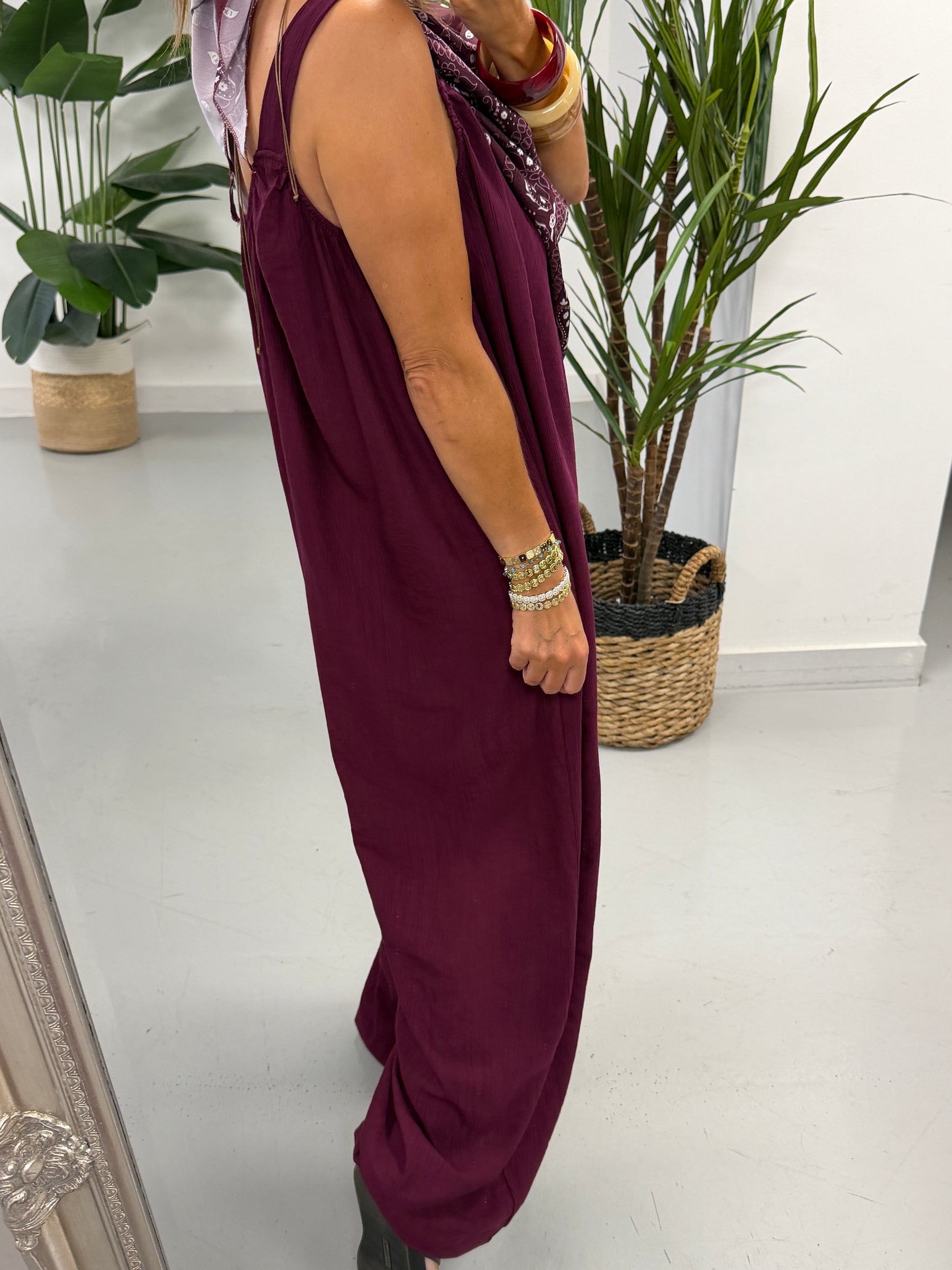 Bandana Scarf Crinkle Jumpsuit - Wine