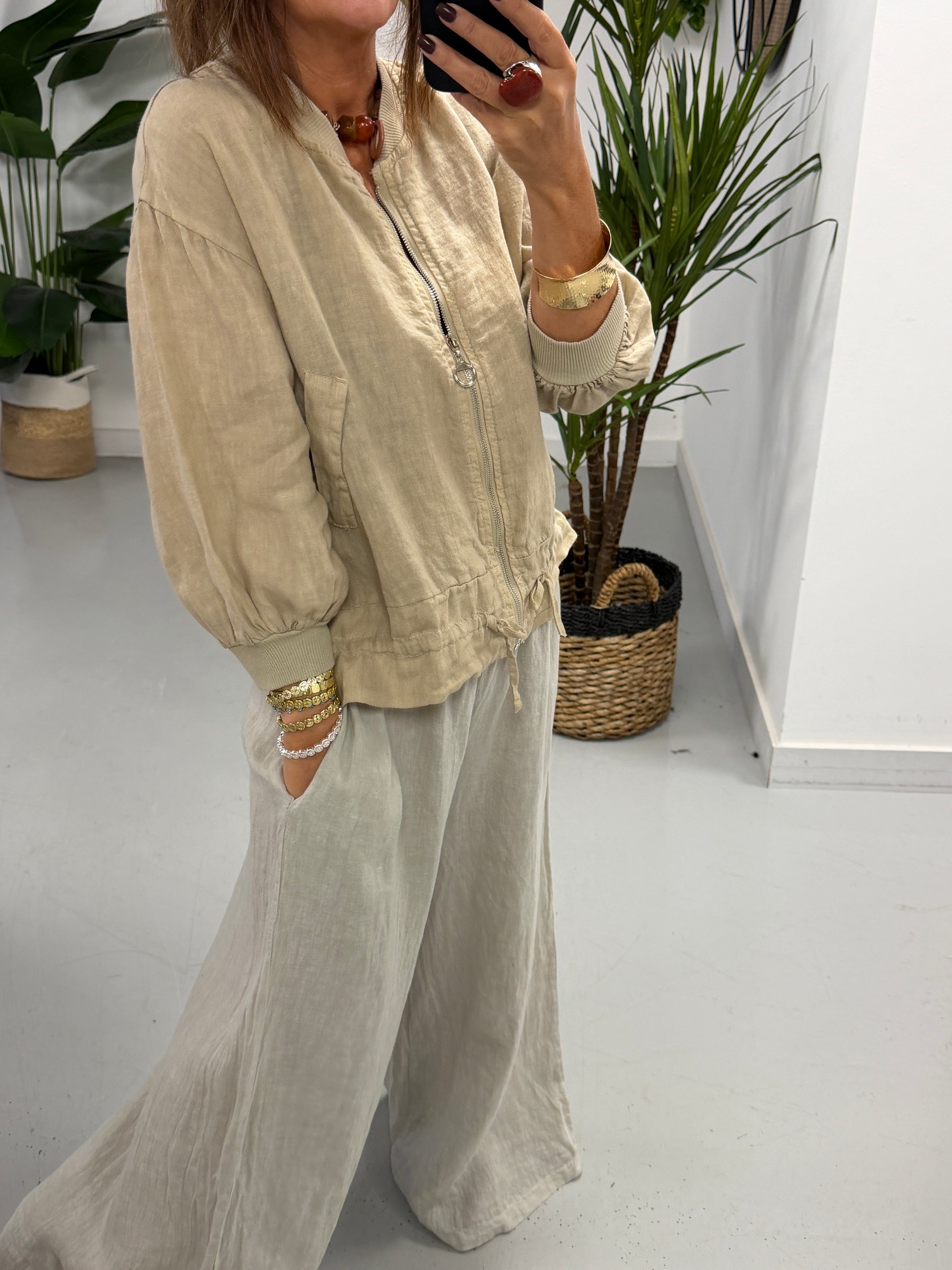Linen Bomber Jacket - Soft Camel