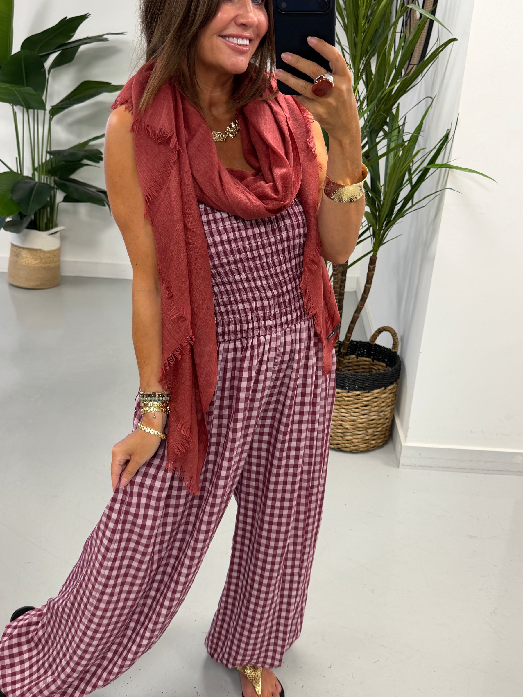 The Vichy Gingham Balloon Leg Jumpsuit - Wine