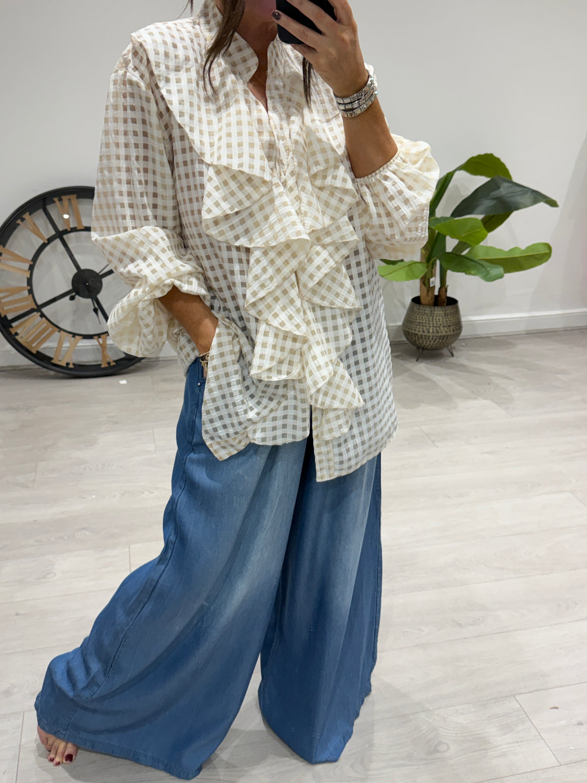 The Gingham Ruffle Button Blouse - Stone
