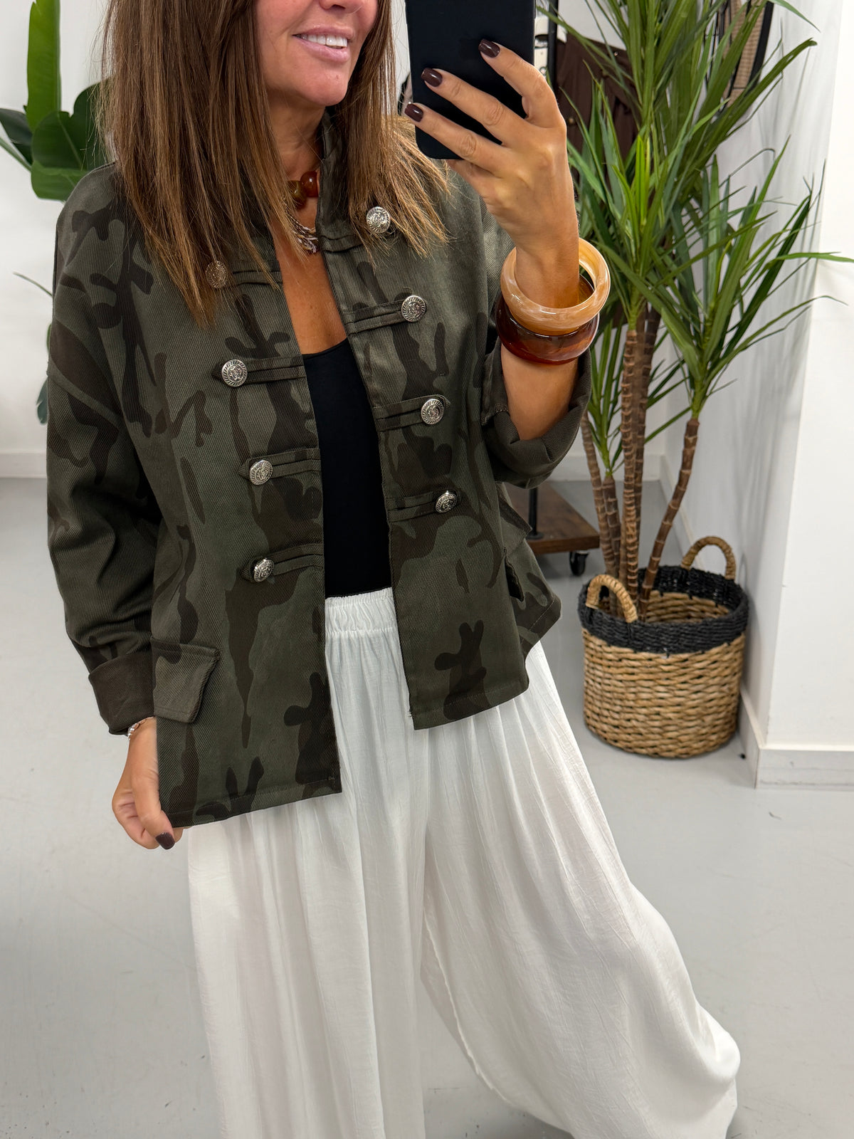 Camo Denim Military Jacket - Dark Khaki
