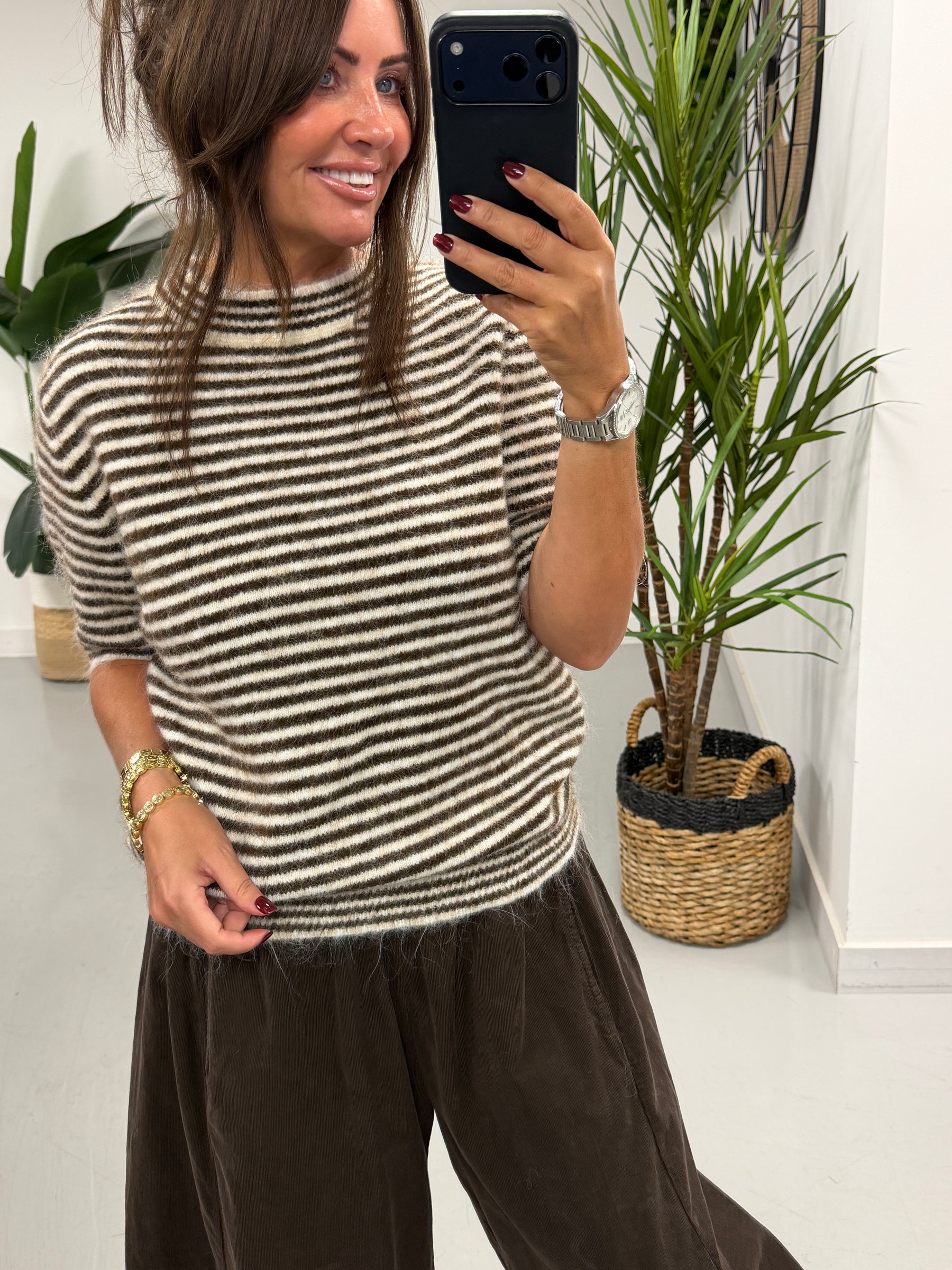 Stripe Crop Sleeve Knit  - Cream/Chocolate (Size 8-14)