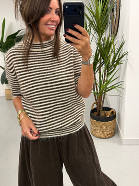 Stripe Crop Sleeve Knit  - Cream/Chocolate (Size 8-14)