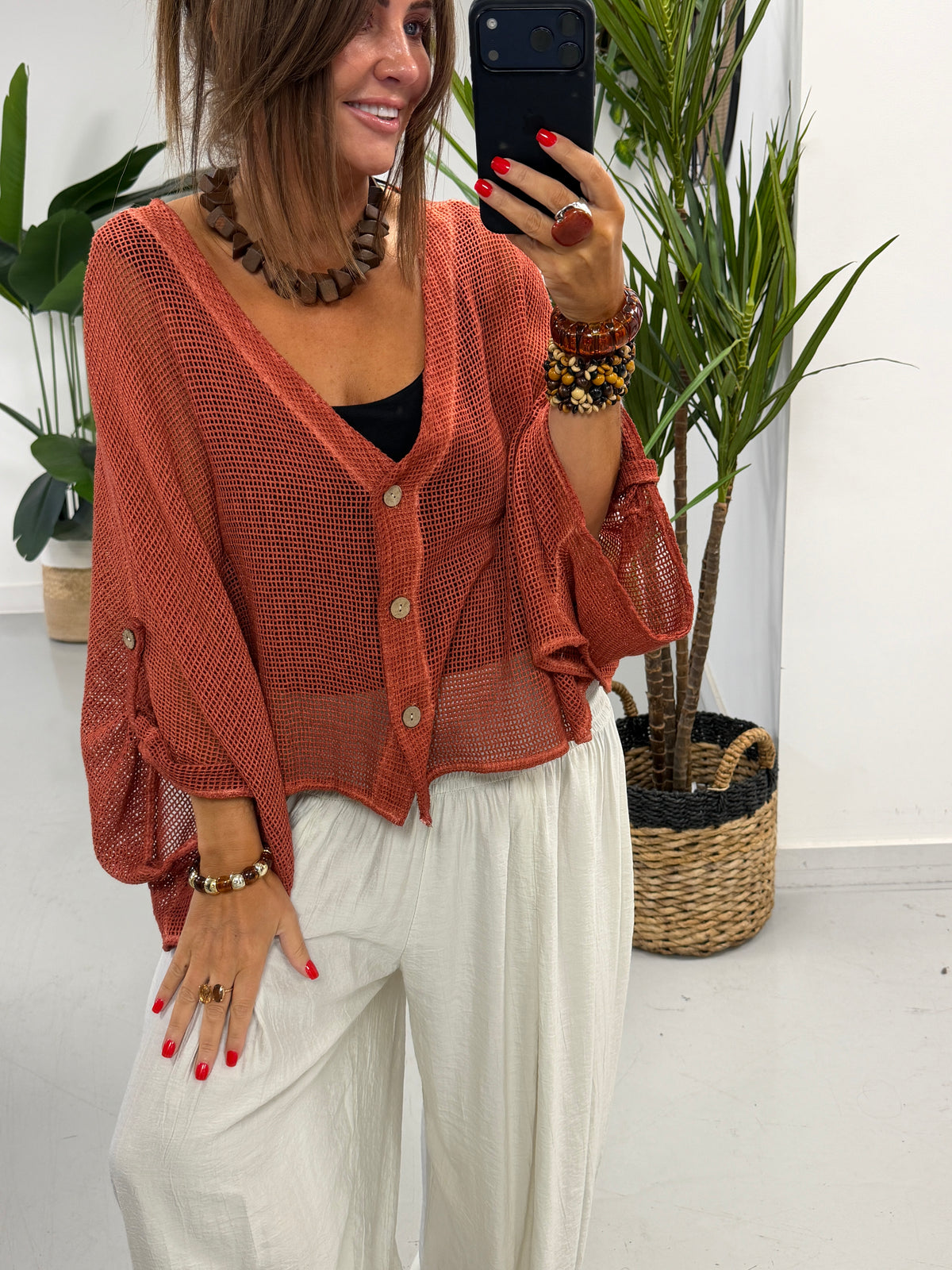 Mesh Button Cardigan - Rust