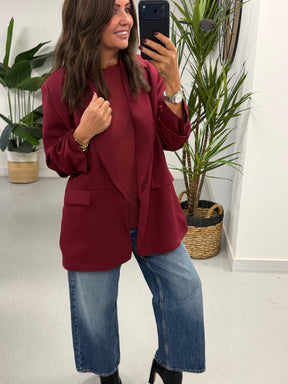 Ruched Sleeve Blazer - Wine (Plus sizes)