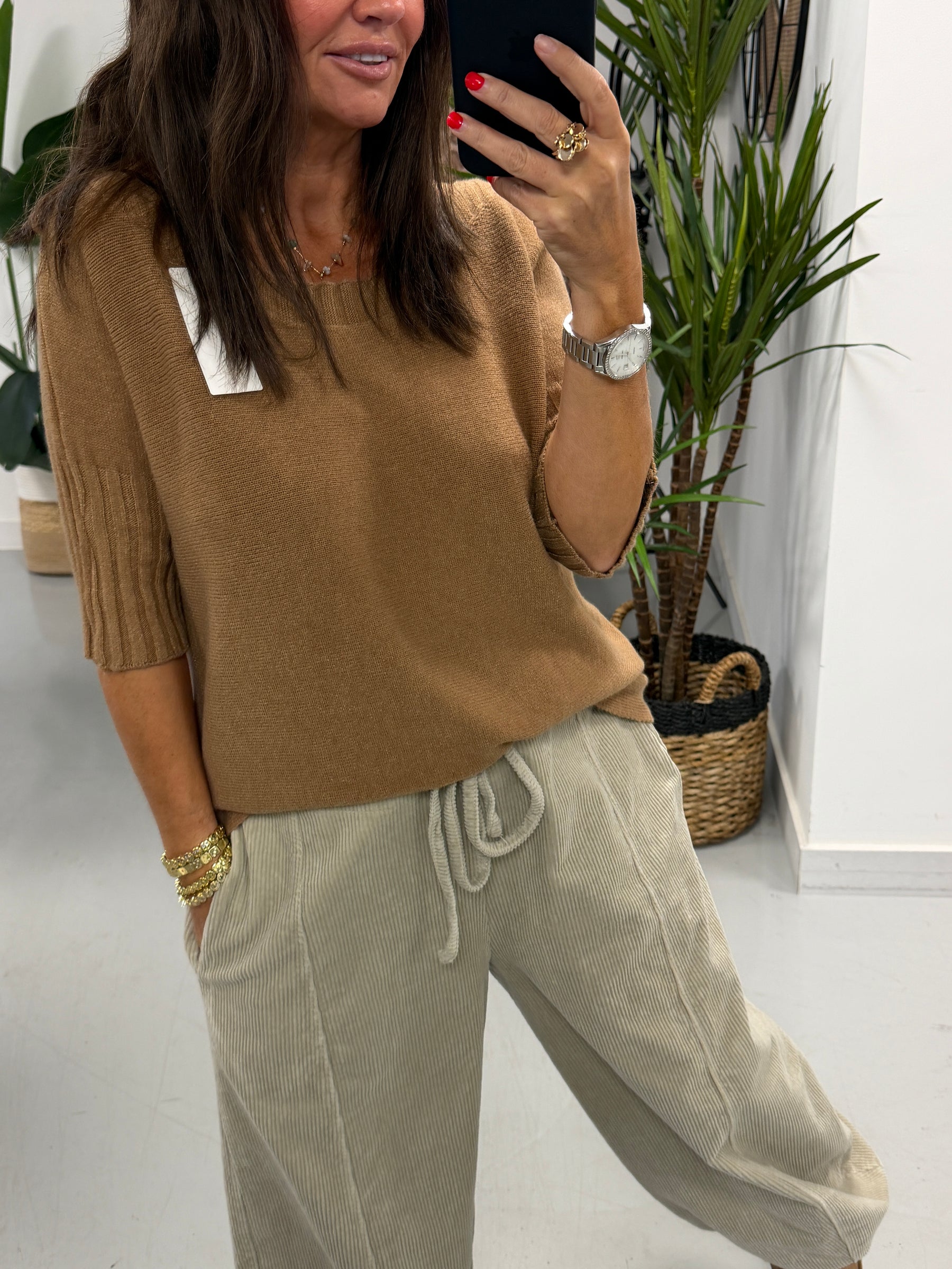 Crop Sleeve Boat Neck Knit - Camel (Size 10 - 16)