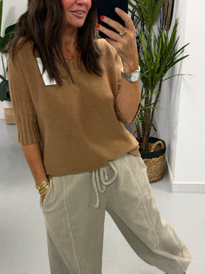 Crop Sleeve Boat Neck Knit - Camel (Size 10 - 16)