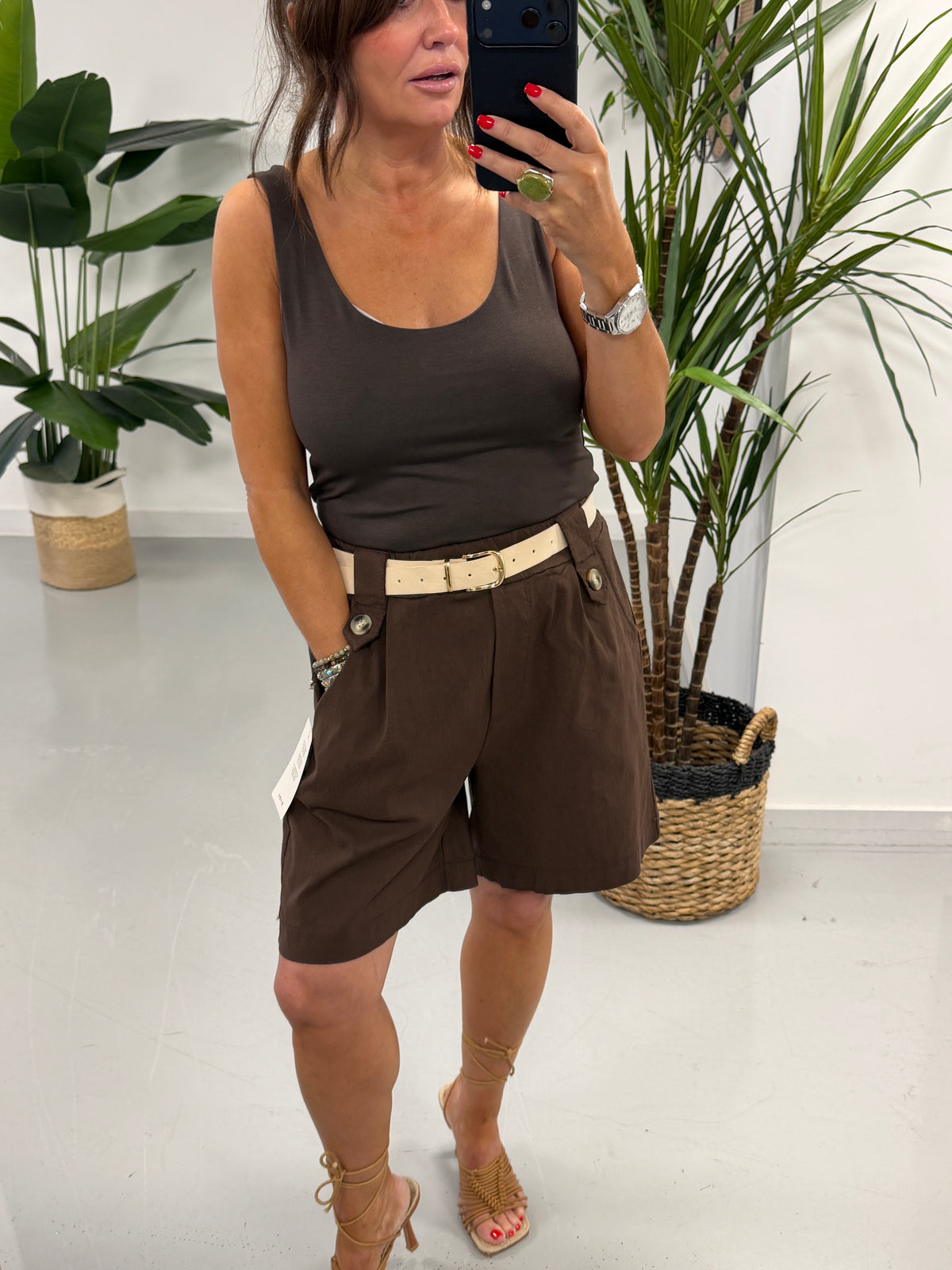 Belted Button Shorts - Chocolate