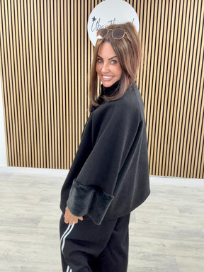 Faux Fur Sleeve Swing Jacket - Black