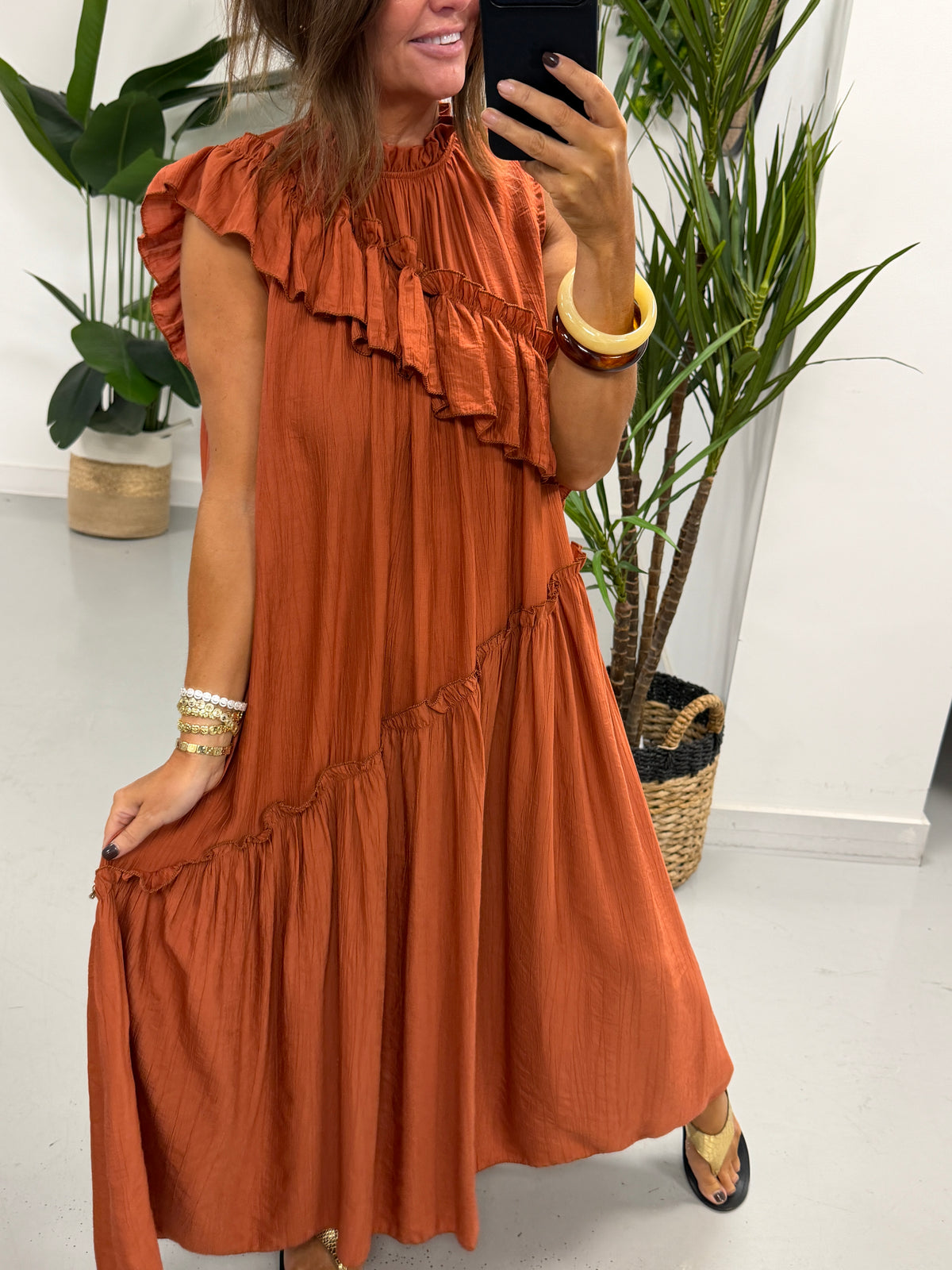 Downtown Ruffle Dress - Rust