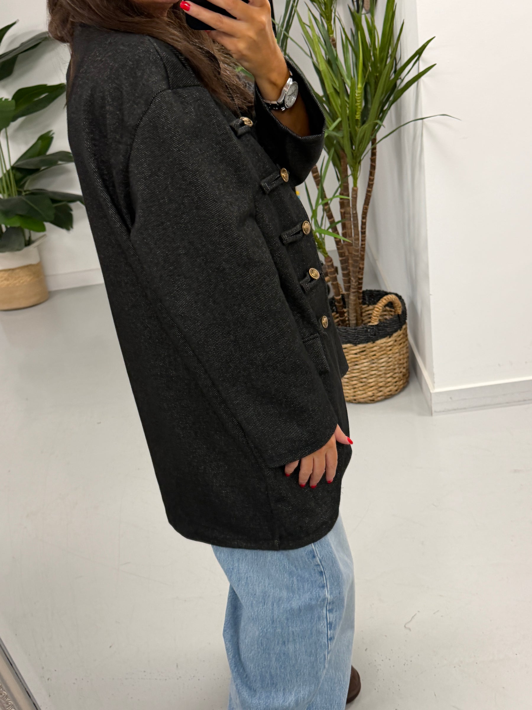 The Long Line Herringbone Style  Military Jacket - Black