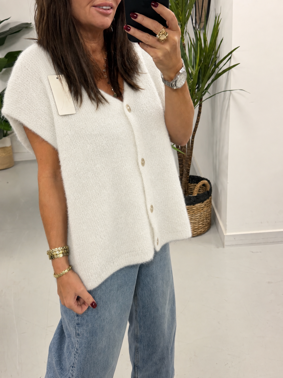Button Up Slouchy Crop Sleeve Knit - Winter White (Size 10-14)