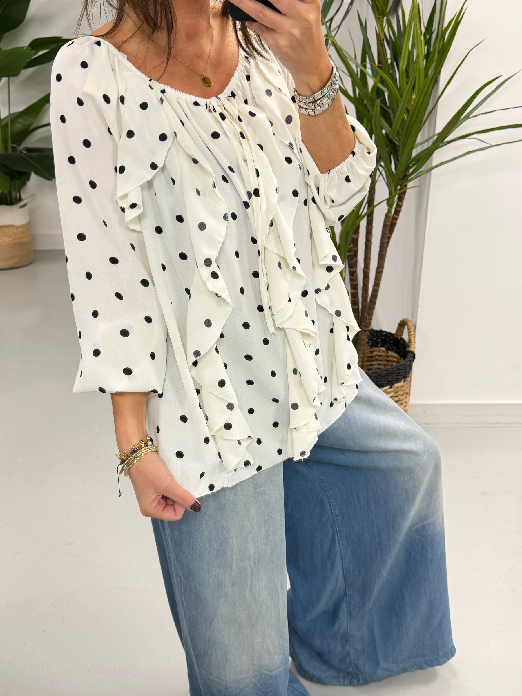 Dotty Waterfall Blouse - White