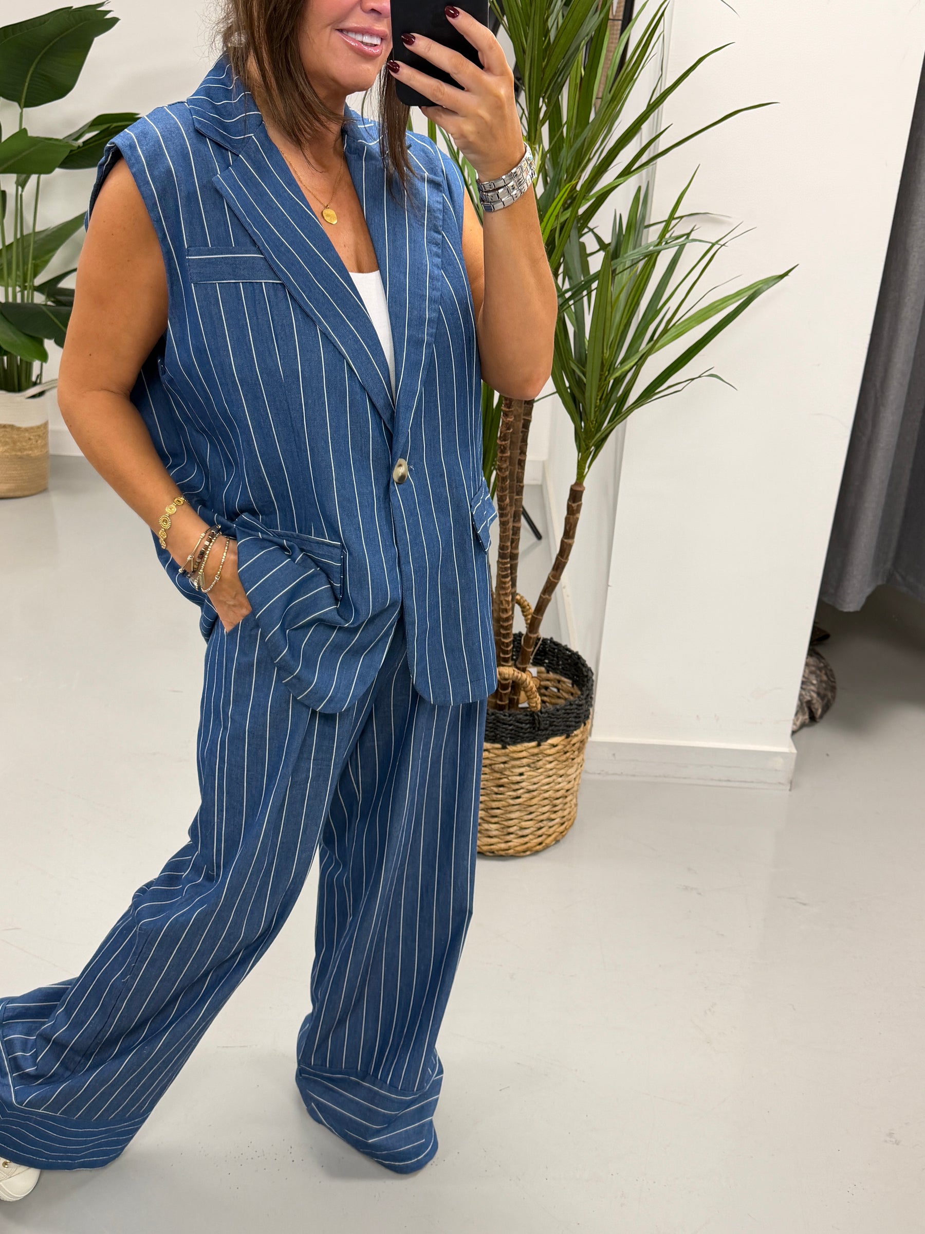 Deniably Denim One Button Stripe Waistcoat - Dark Stripe