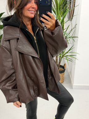 The Blake Hooded PU Jacket - Chocolate (Size 12 - 16)