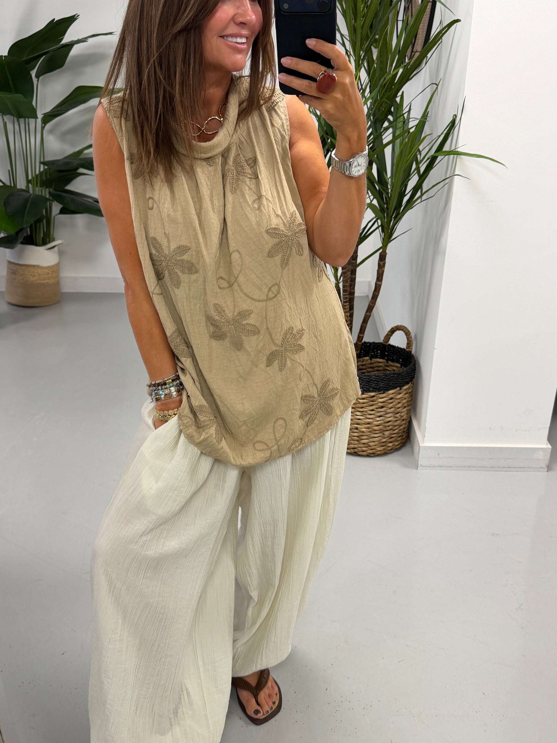 Reverse Collar Embroidered Tunic - Sand