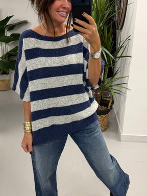 The Boat Neck Stripy Knit - Blue/Grey